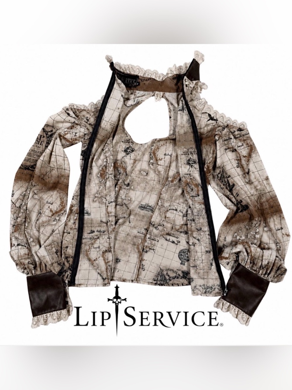 Rare Lip Service Step in Time Steampunk Map Blouse Top M